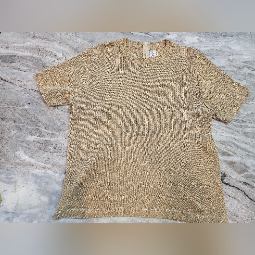 Draper’s & Damon’s Gold Metallic Short Sleeve Sweater Top Women’s M Lurex Knit